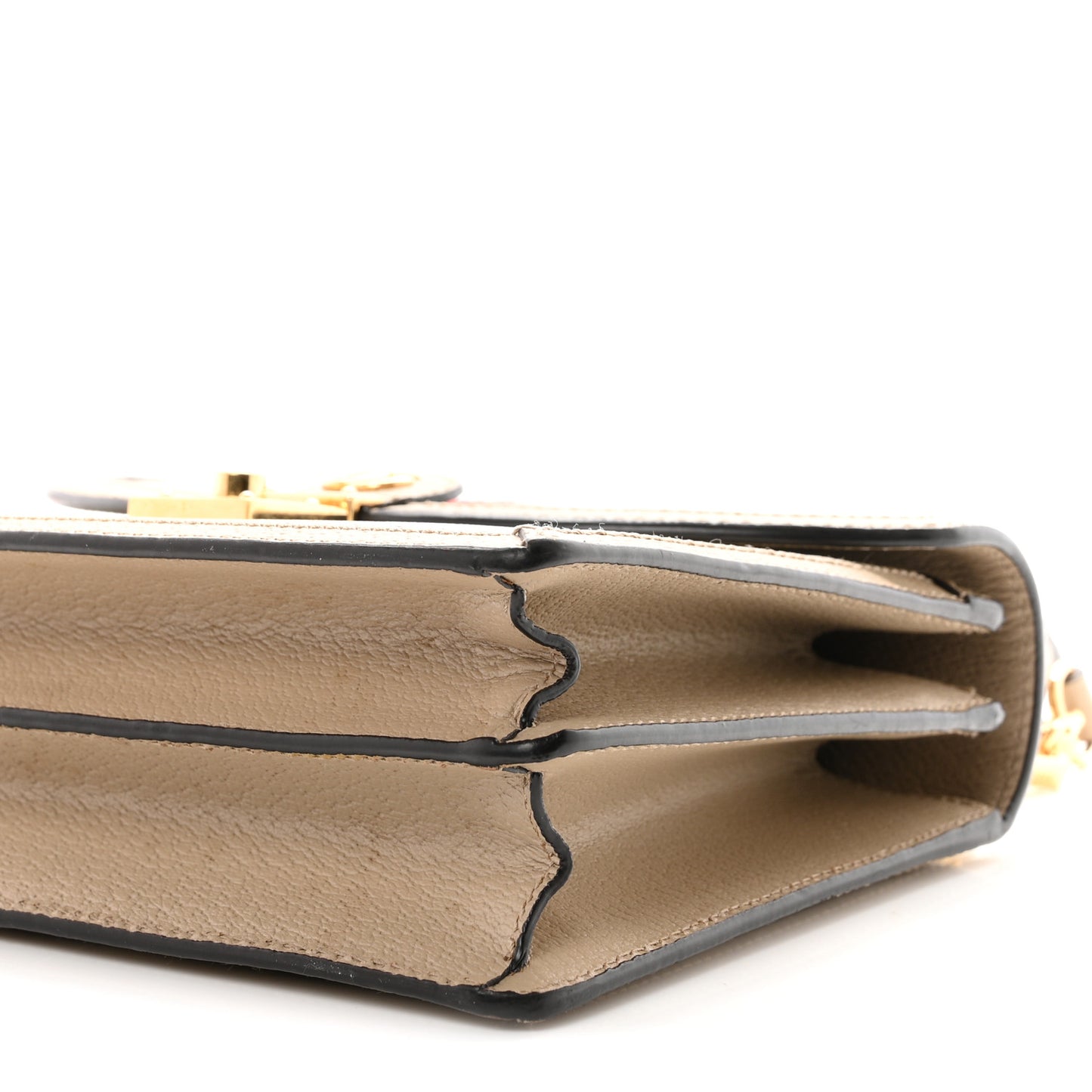 GG Supreme Monogram Textured Dollar Calfskin Web Small Ophidia Padlock Top Handle Bag Beige Mystic White Oatmeal