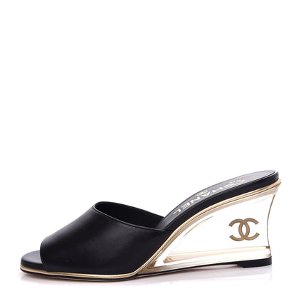 Chanel Lambskin Lucite CC Wedge Mules 36.5 Black 1 of 11