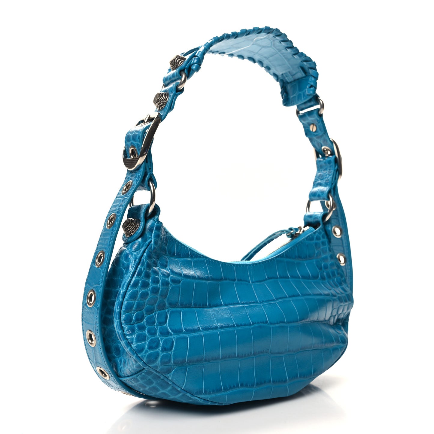 Extra Supple Calfskin Crocodile Embossed Le Cagole Shoulder Bag XS Turquoise