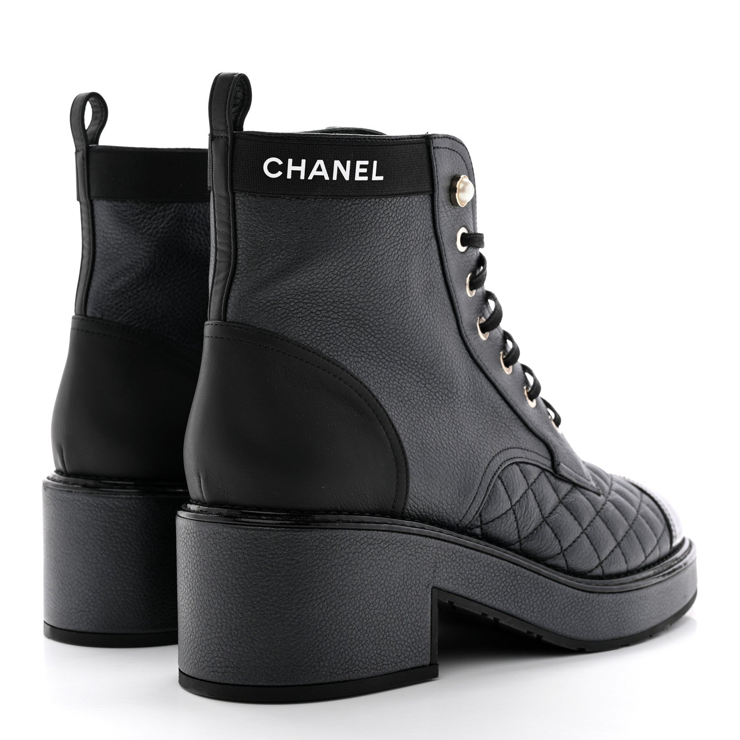 Chanel Pearly Calfskin Patent Calfskin Lace Up Combat Boots 40.5 Black 4 of 14