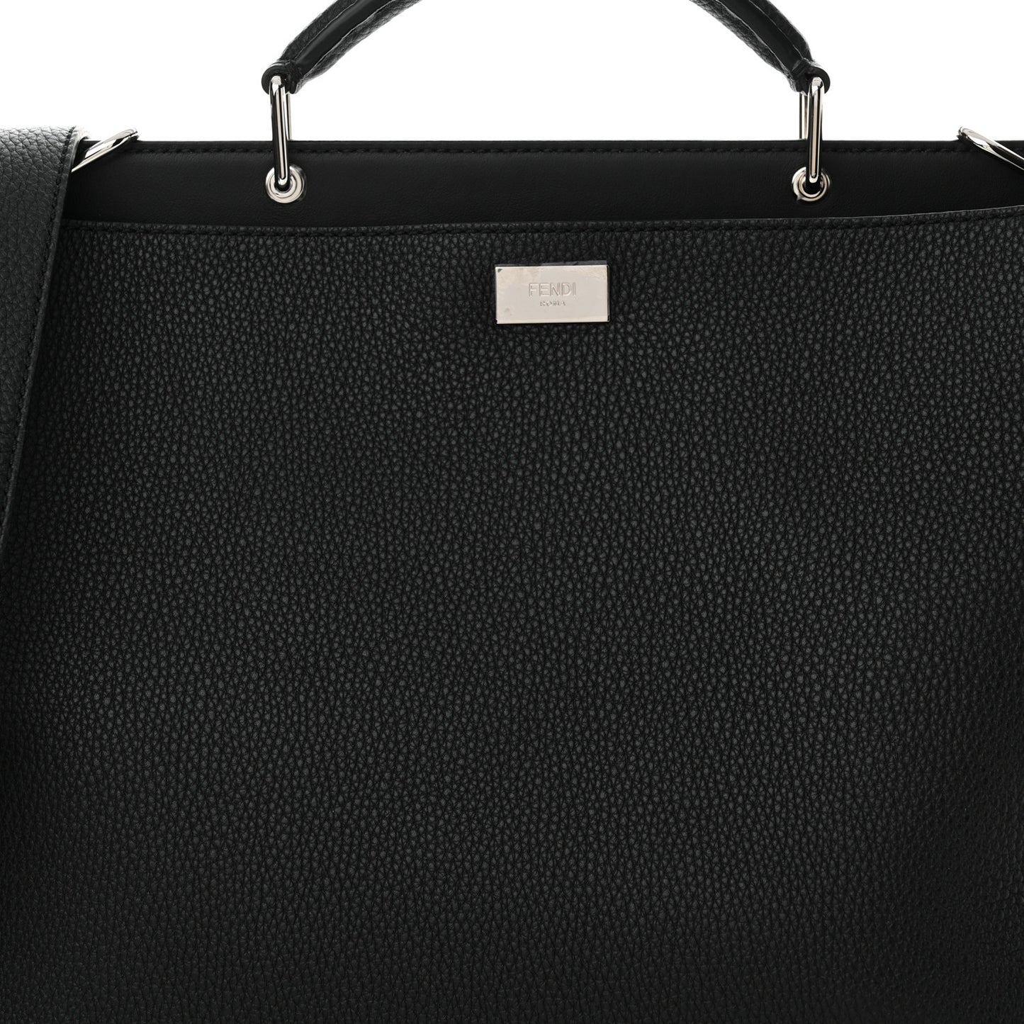 Cuoio Romano Selleria Vitello Grace Glazed Fabric FF 1974 Large Peekaboo Iconic Essential Satchel Black