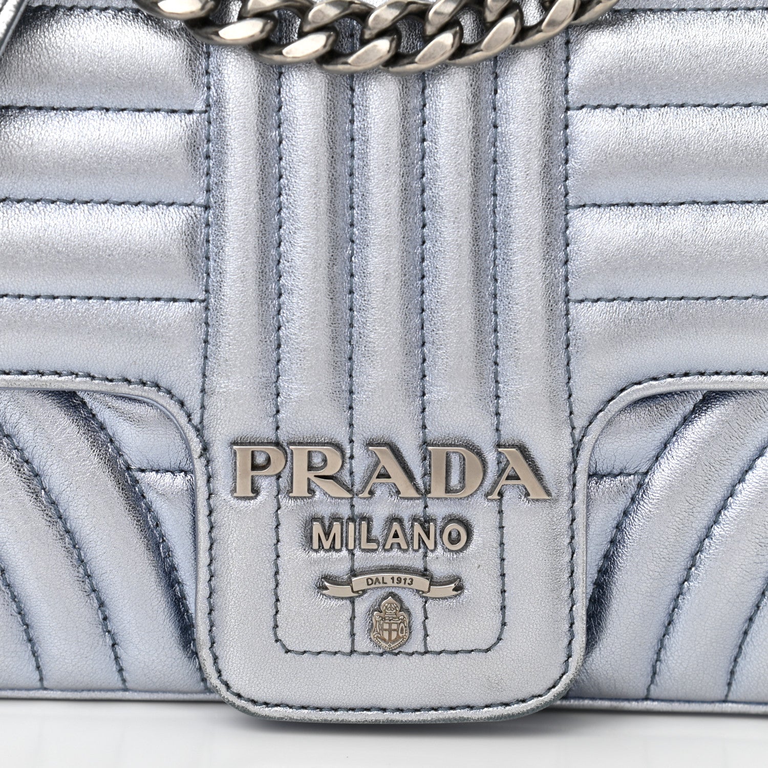 Prada Nappa Impunture Diagramme Medium Chain Flap Shoulder Bag Silver 7 of 10