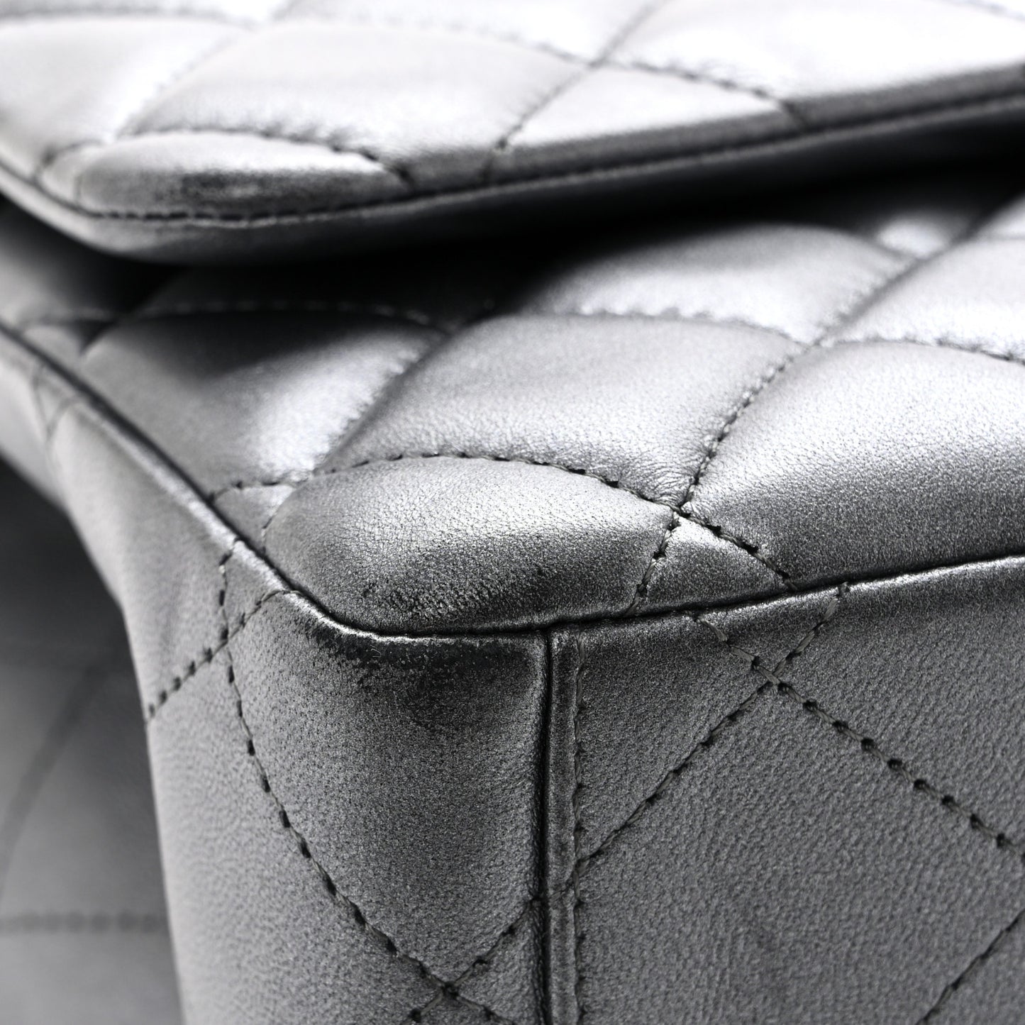 Metallic Lambskin Quilted Maxi Double Flap Pewter