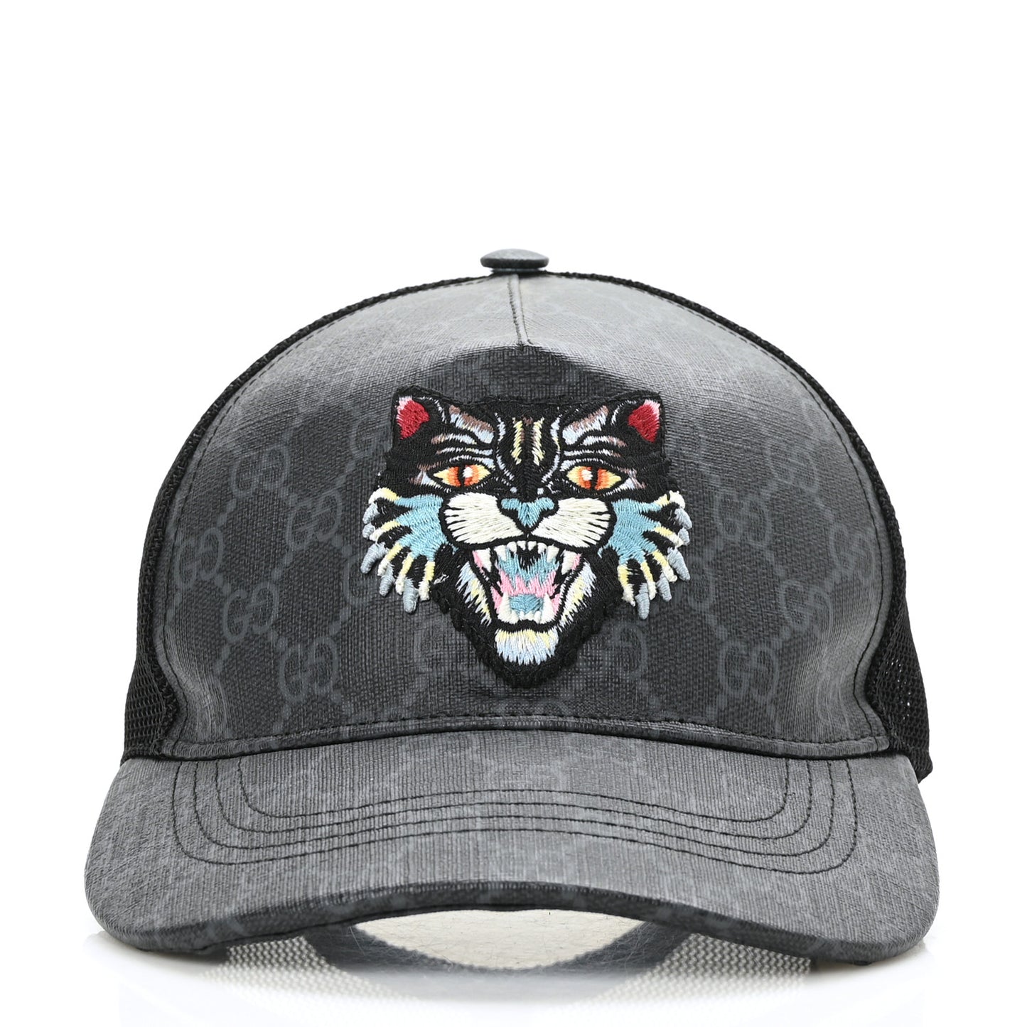 GG Supreme Monogram Angry Cat Embroidered Baseball Hat S Black