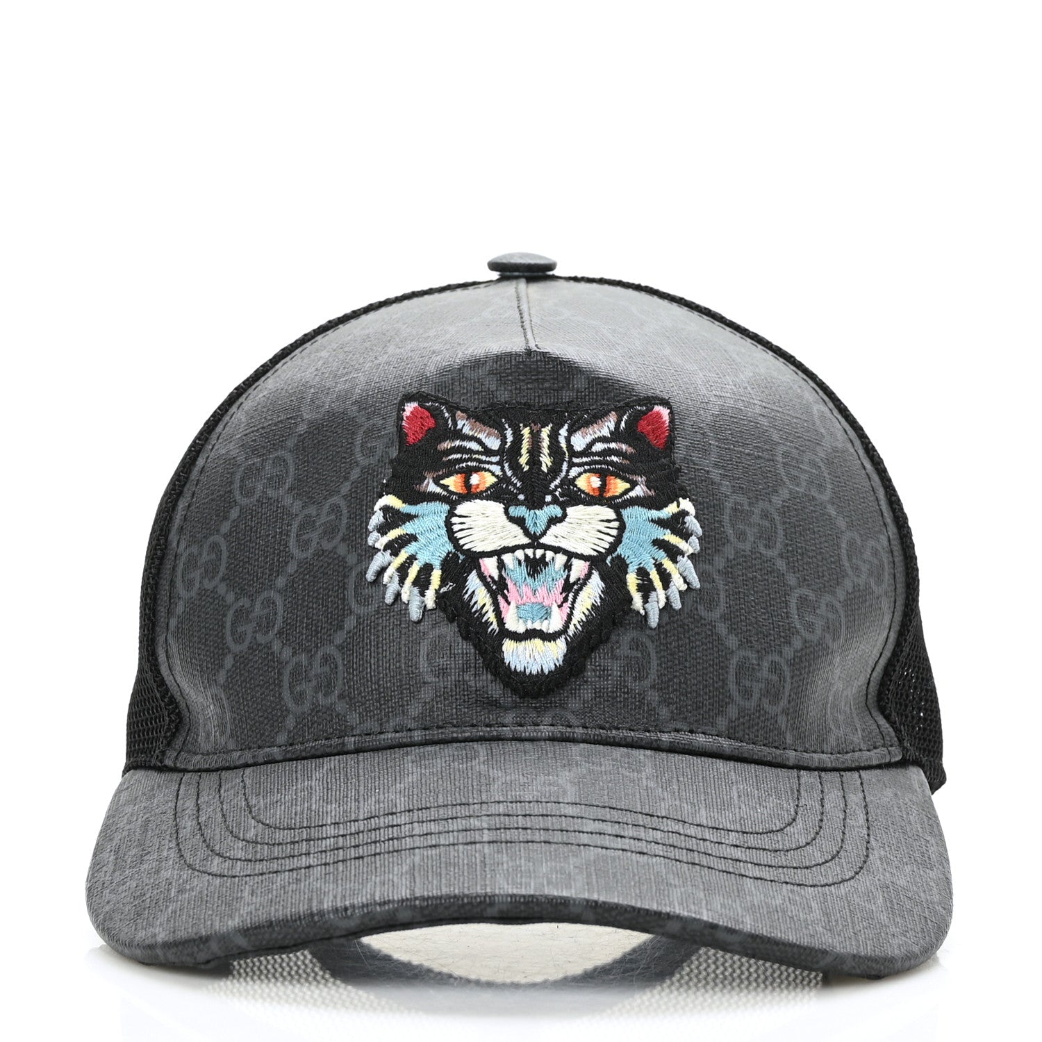 Gucci GG Supreme Monogram Angry Cat Embroidered Baseball Hat S Black 2 of 8