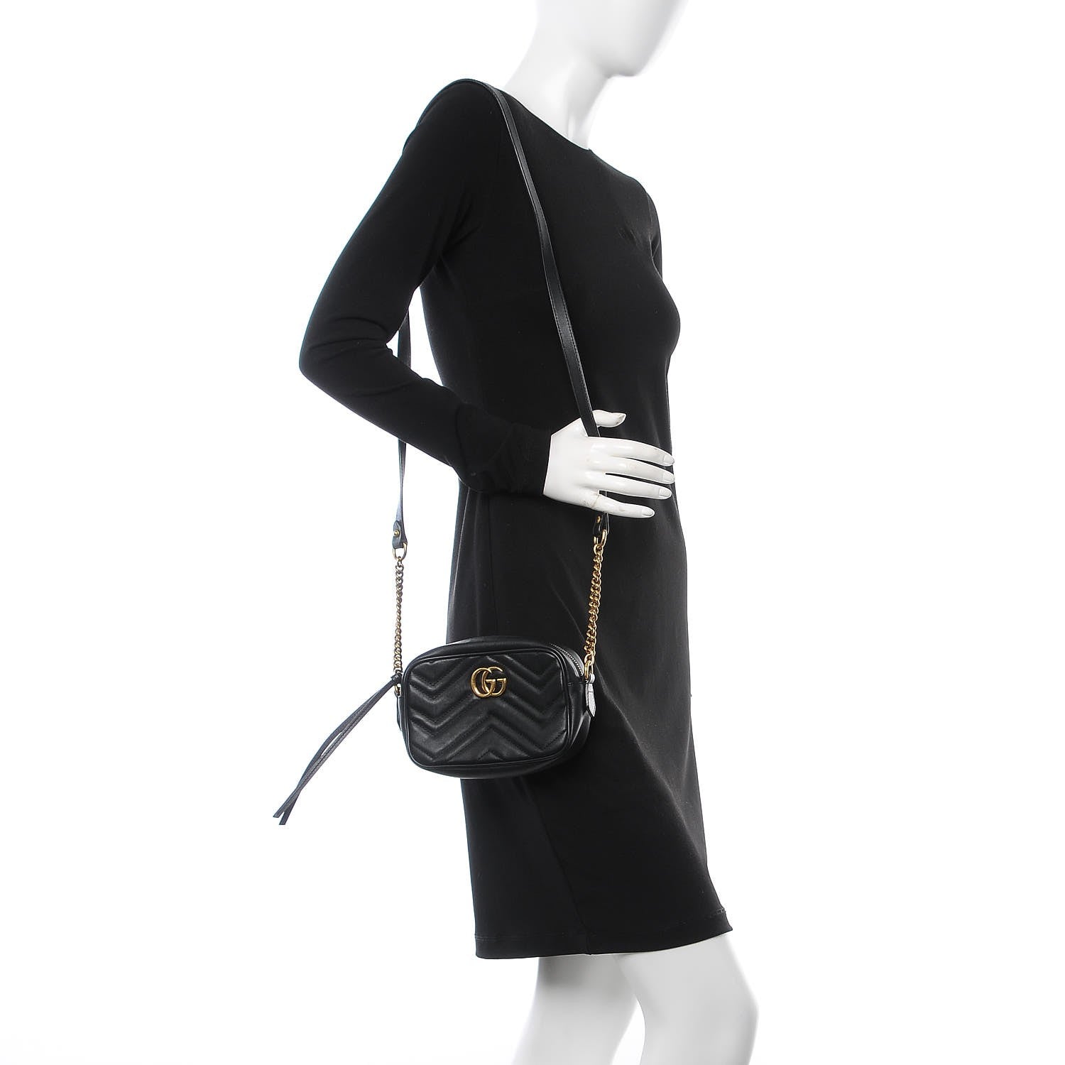 Gucci Calfskin Matelasse Mini GG Marmont Chain Shoulder Bag Black 2 of 8