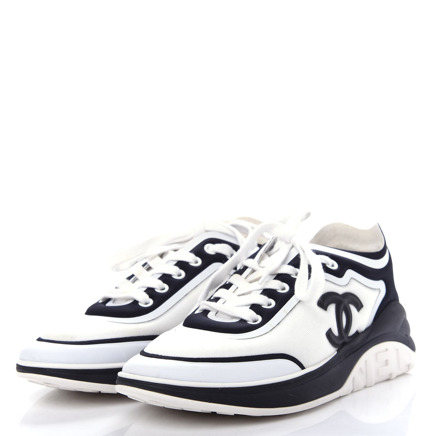 Chanel Lycra Womens CC Sneakers 36.5 White Black 3 of 11