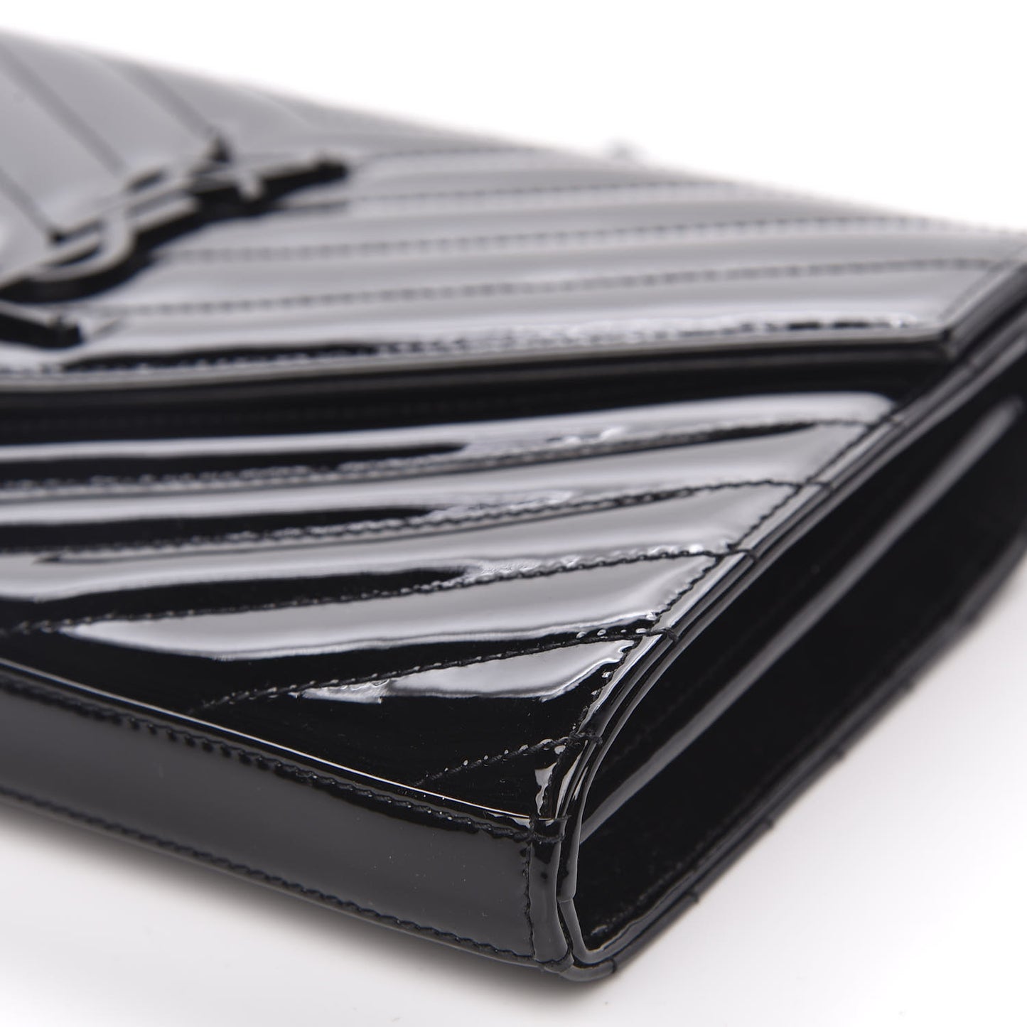 Patent Matelasse Chevron Monogram Chain Wallet Black