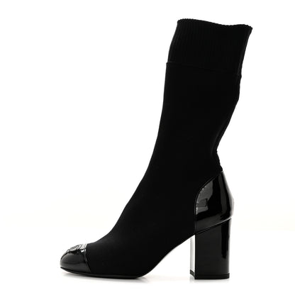 Chanel Patent Knit Cap Toe CC Sock Boots 35.5 Black 1 of 8