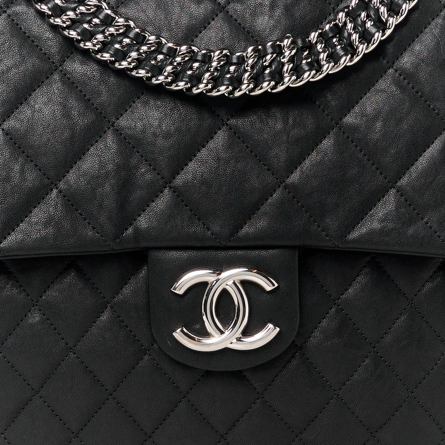 Washed Lambskin Quilted Maxi Chain Around Flap Black