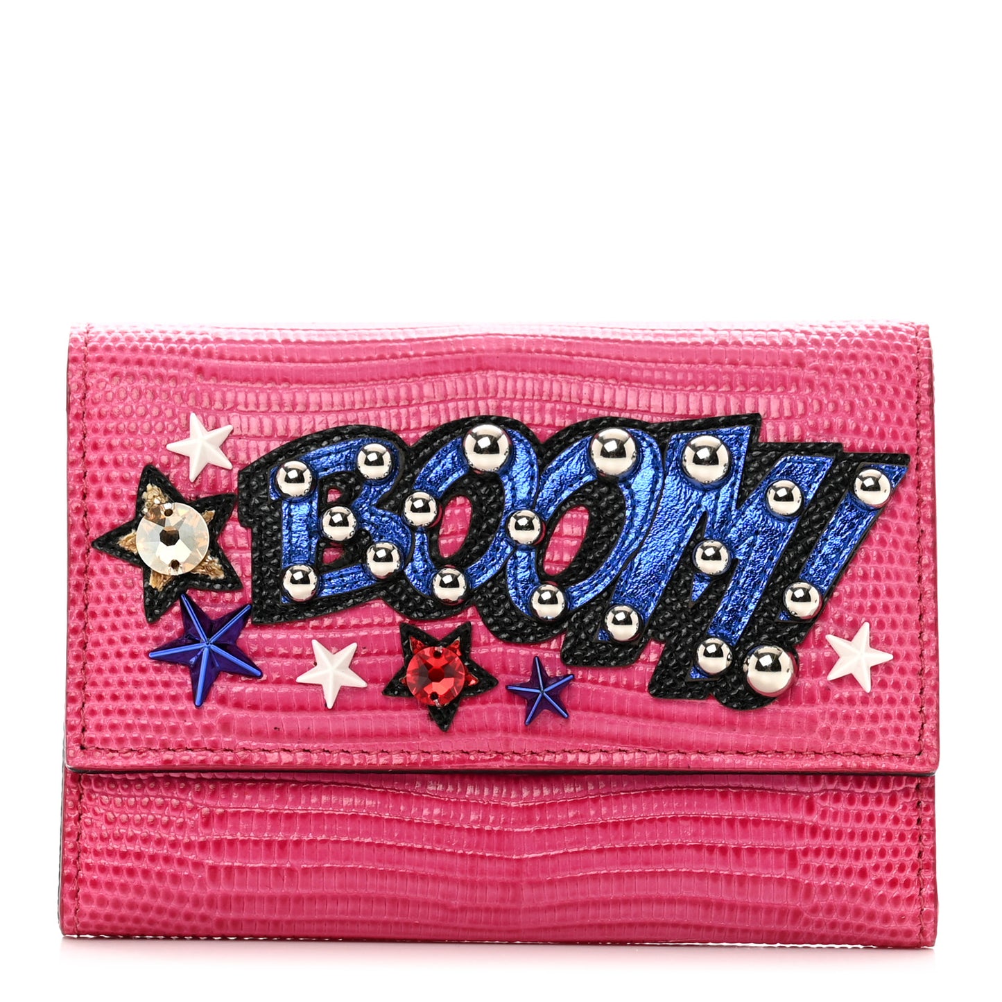 Iguana Calfskin Embossed Dauphine Boom Embellished Wallet Pink Multicolor