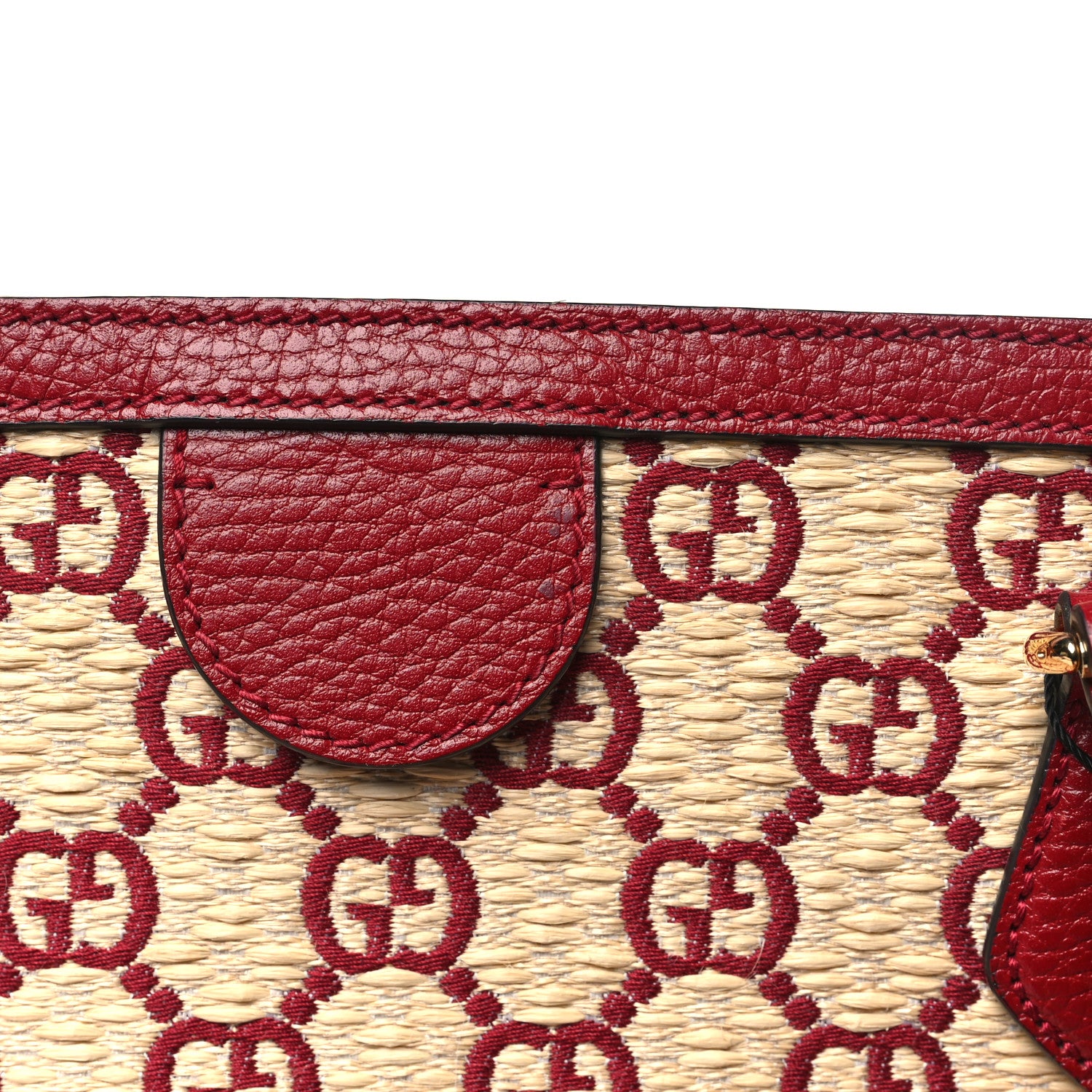 Gucci Straw Jacquard Dollar Calfskin GG Monogram Medium Ophidia Shopping Tote Natural New Cherry Red 12 of 13