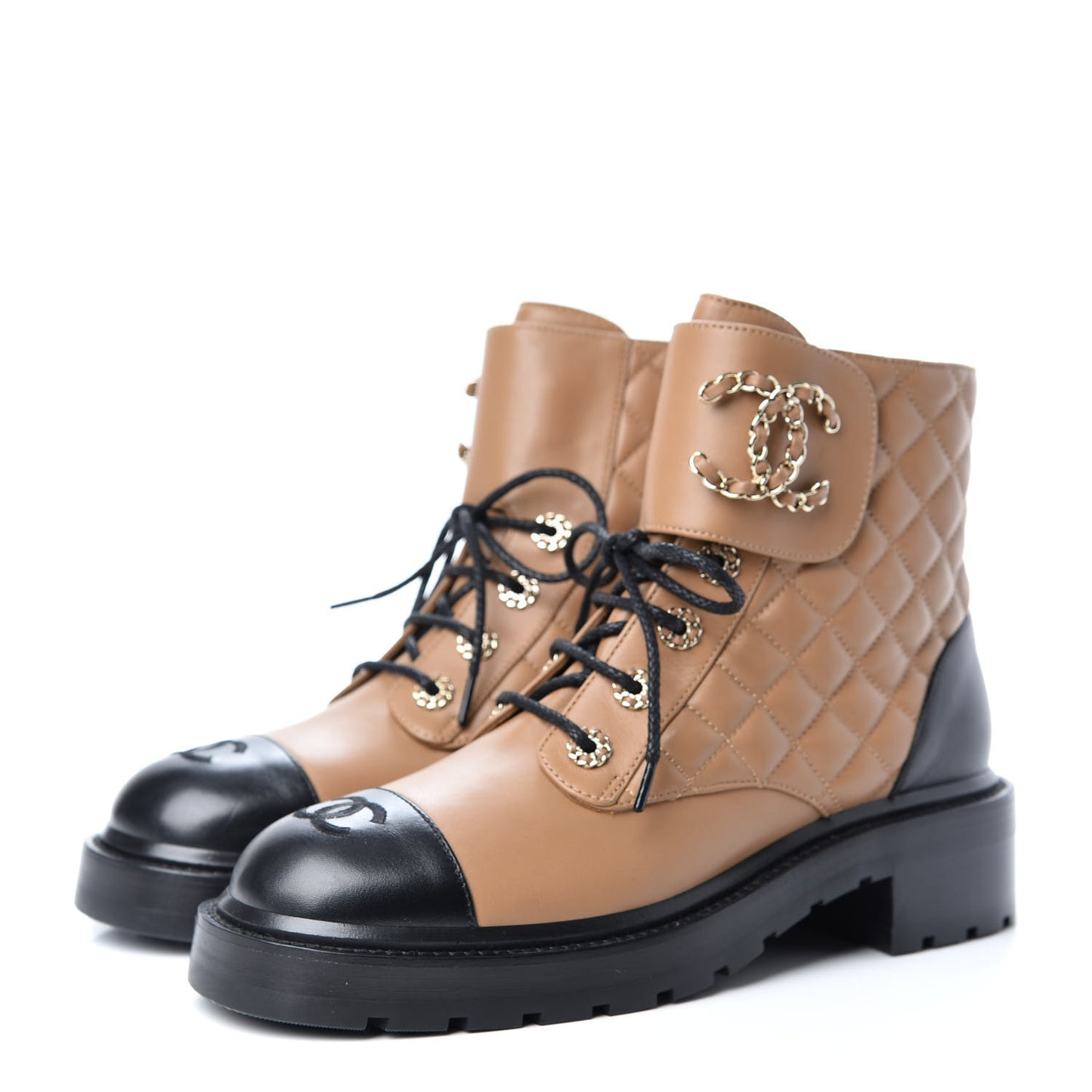 Lambskin Calfskin Quilted Lace Up Combat Boots 39.5 Light Brown Black
