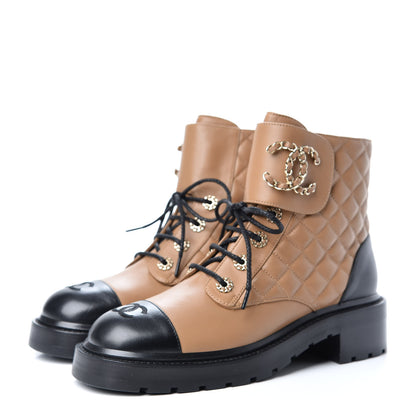 Chanel Lambskin Calfskin Quilted Lace Up Combat Boots 39.5 Light Brown Black 3 of 11
