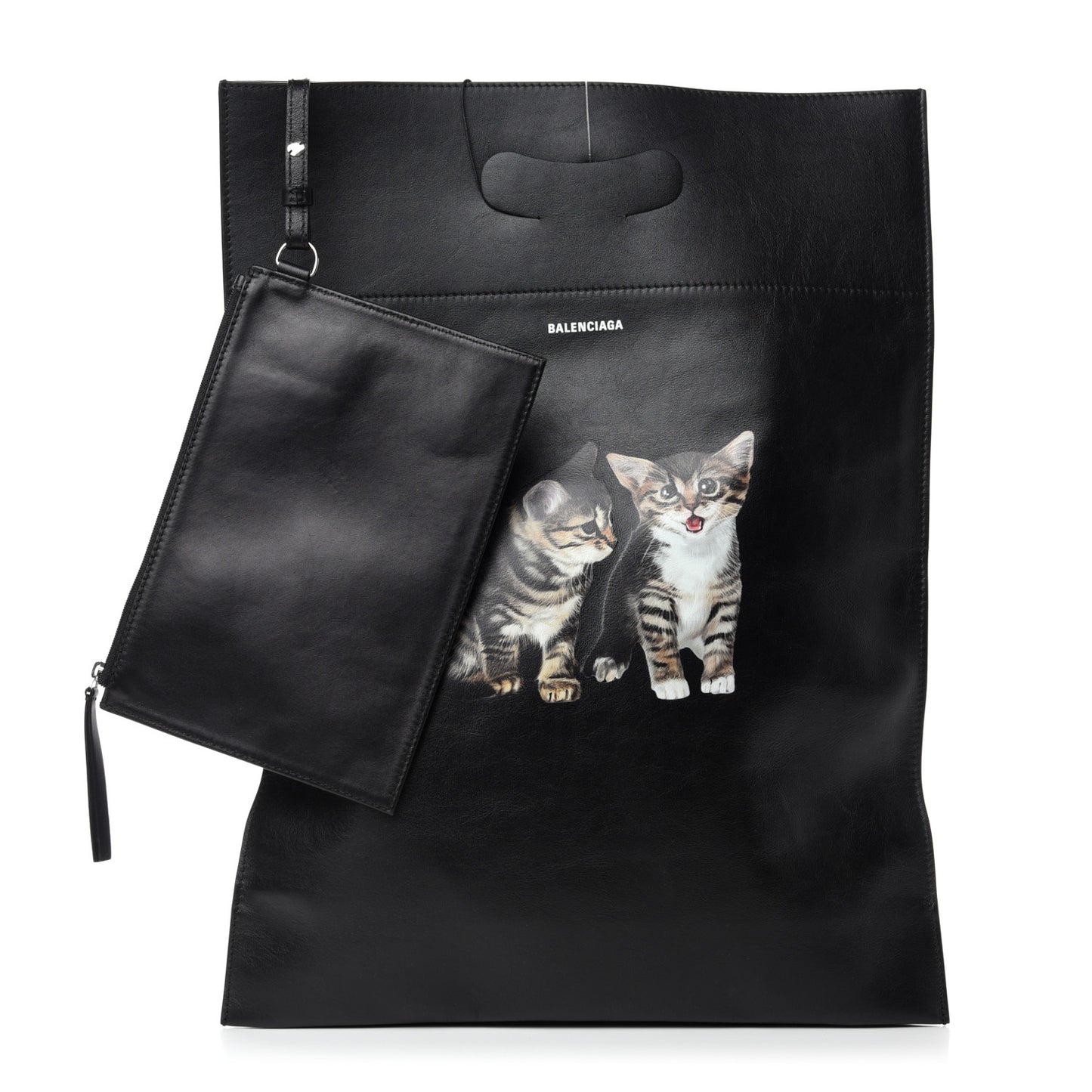 Calfskin Printed Kitten Plastic Bag Shopper S Black