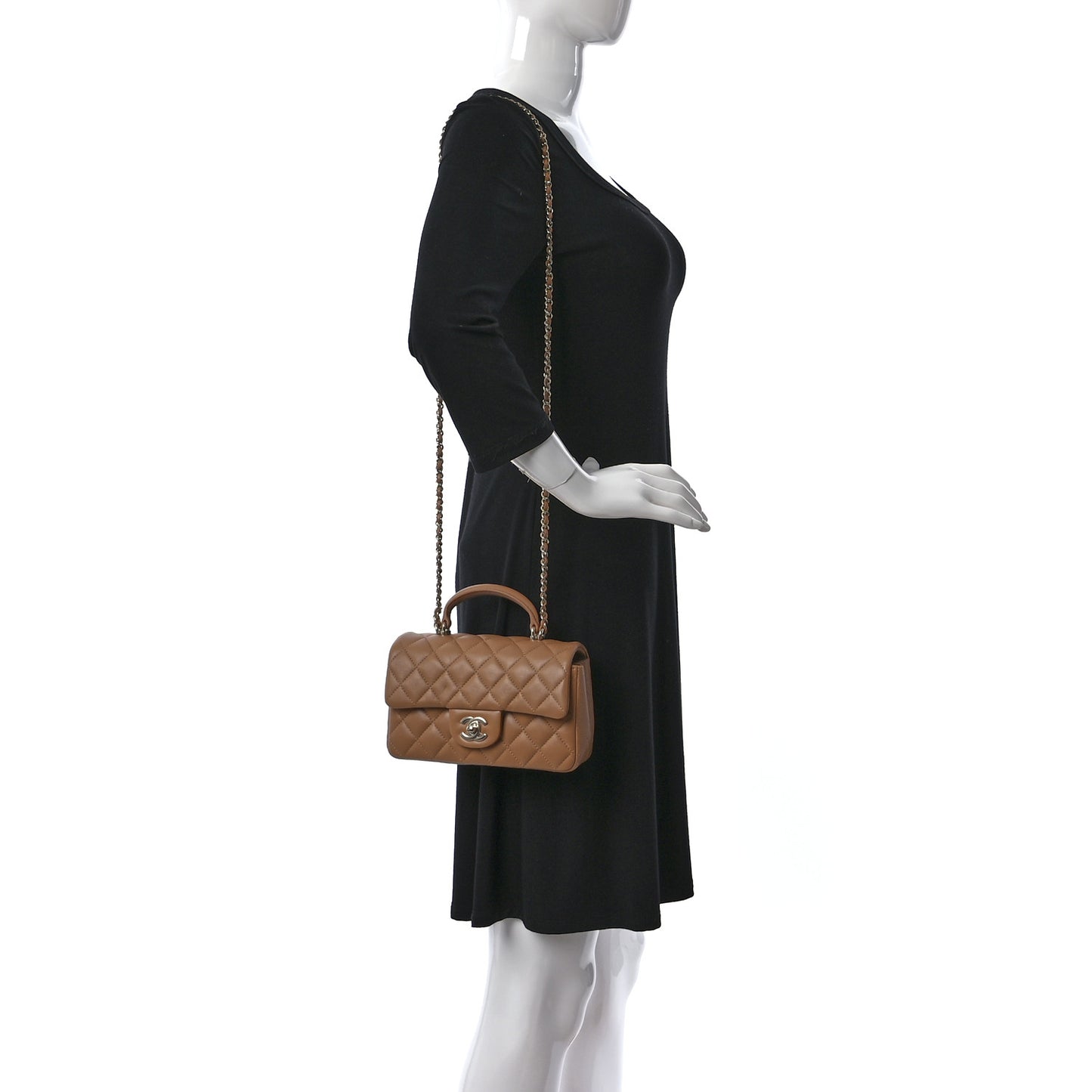 Lambskin Quilted Mini Top Handle Rectangular Flap Dark Beige