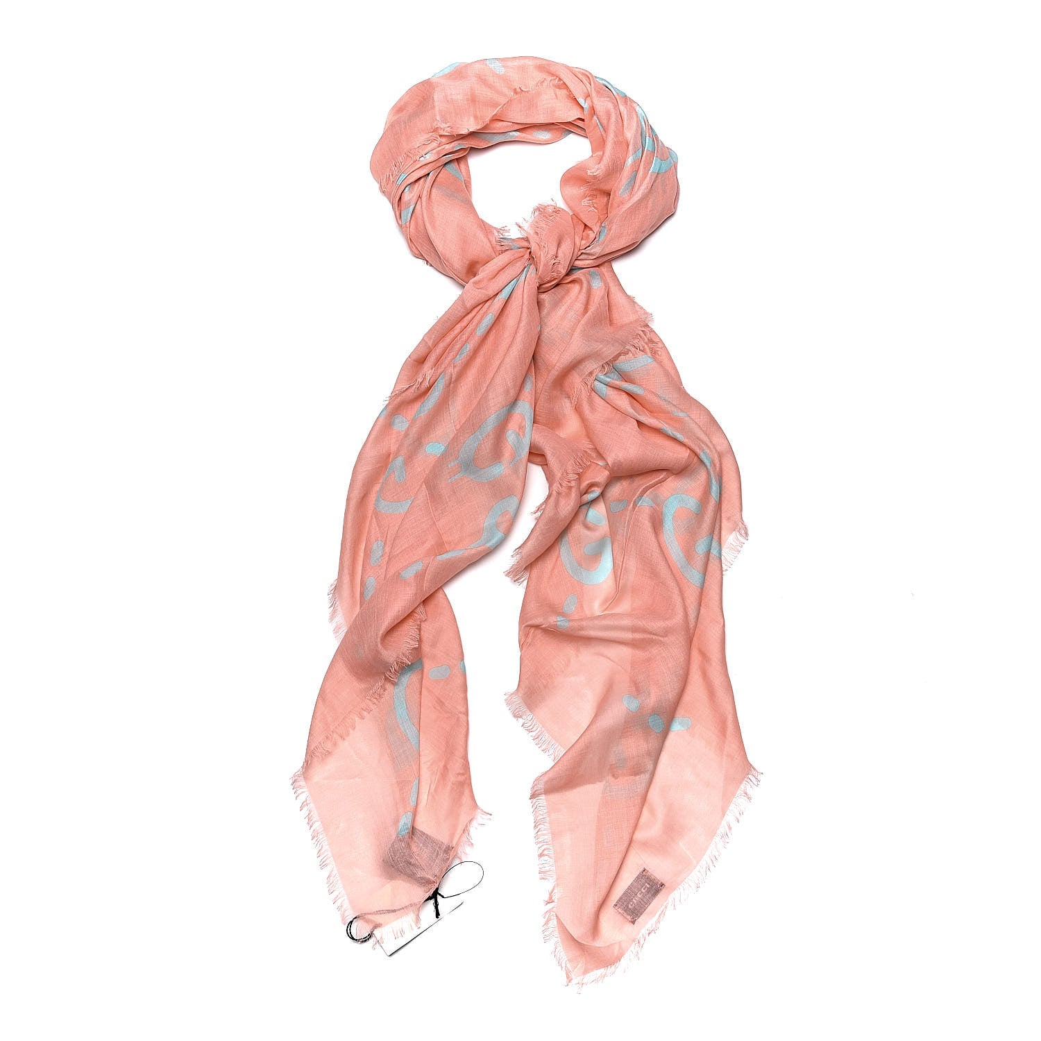 Gucci Modal Silk GG Writers Fringe Shawl Old Rose Sky Blue 1 of 5