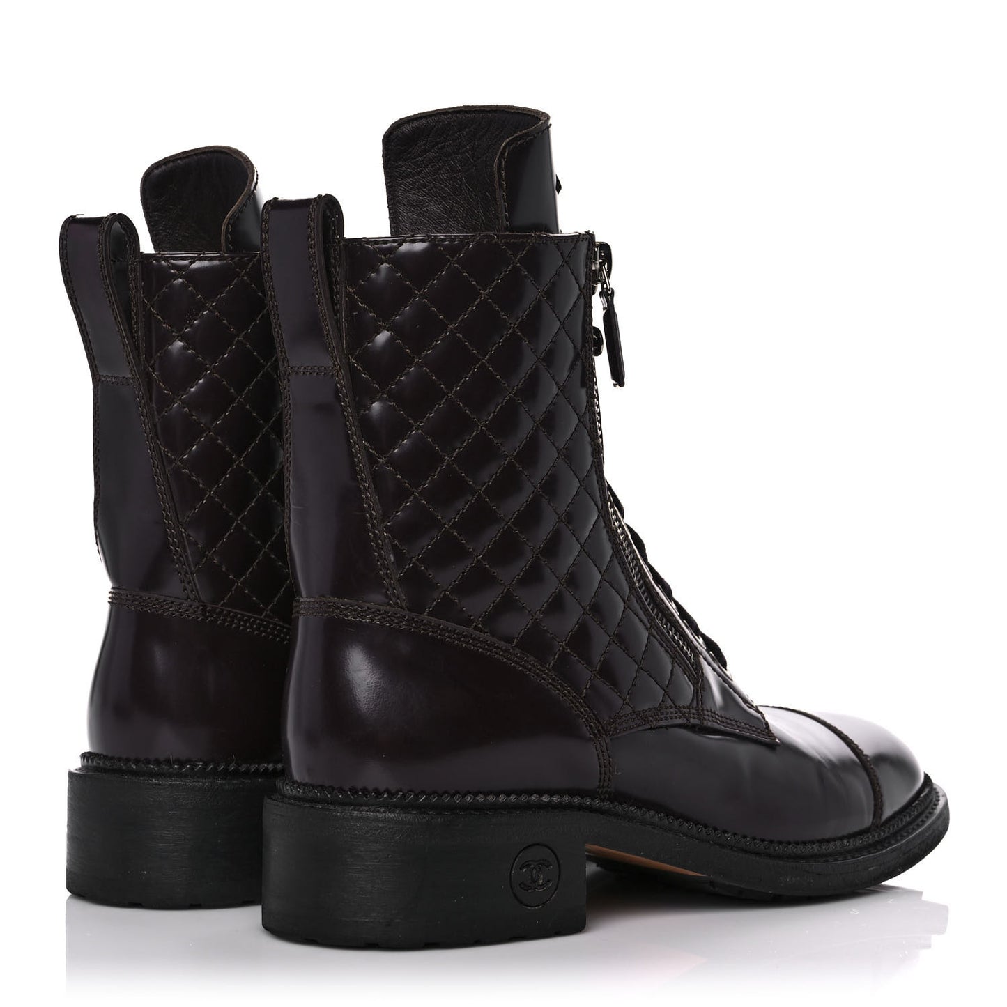 Shiny Calfskin Quilted CC Lace Up Combat Boots 39 Dark Burgundy