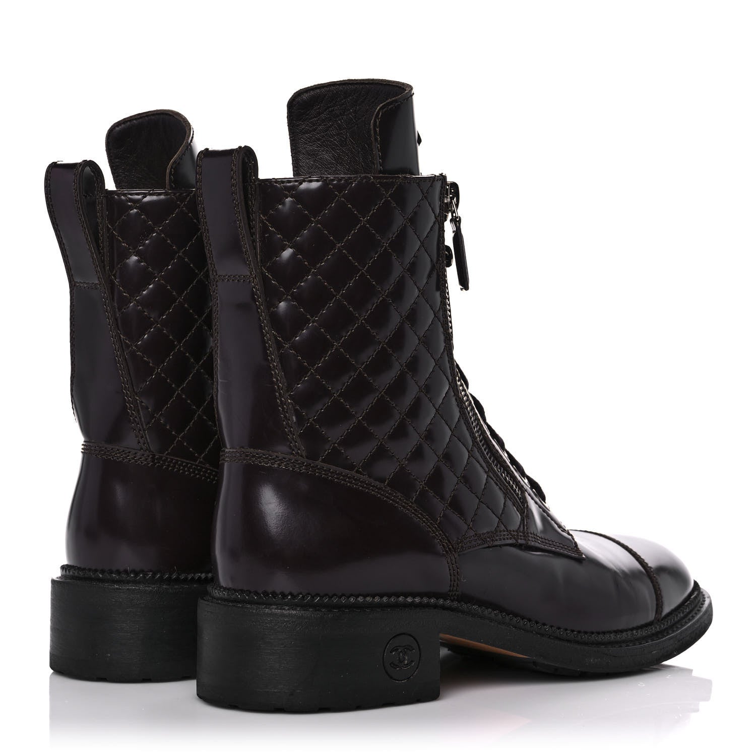 Chanel Shiny Calfskin Quilted CC Lace Up Combat Boots 39 Dark Burgundy 4 of 9
