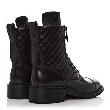 Chanel Shiny Calfskin Quilted CC Lace Up Combat Boots 39 Dark Burgundy 4 of 9