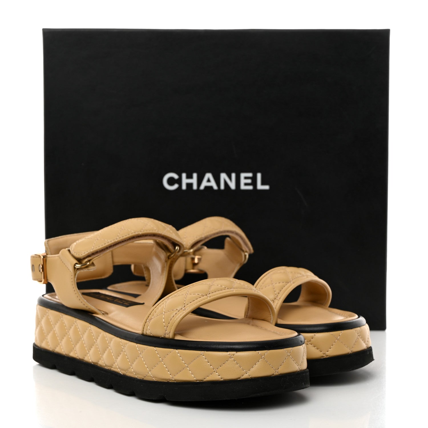 Chanel Lambskin Quilted Platform Sandals 38 Beige Black 9 of 9