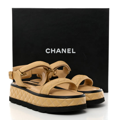 Chanel Lambskin Quilted Platform Sandals 38 Beige Black 9 of 9