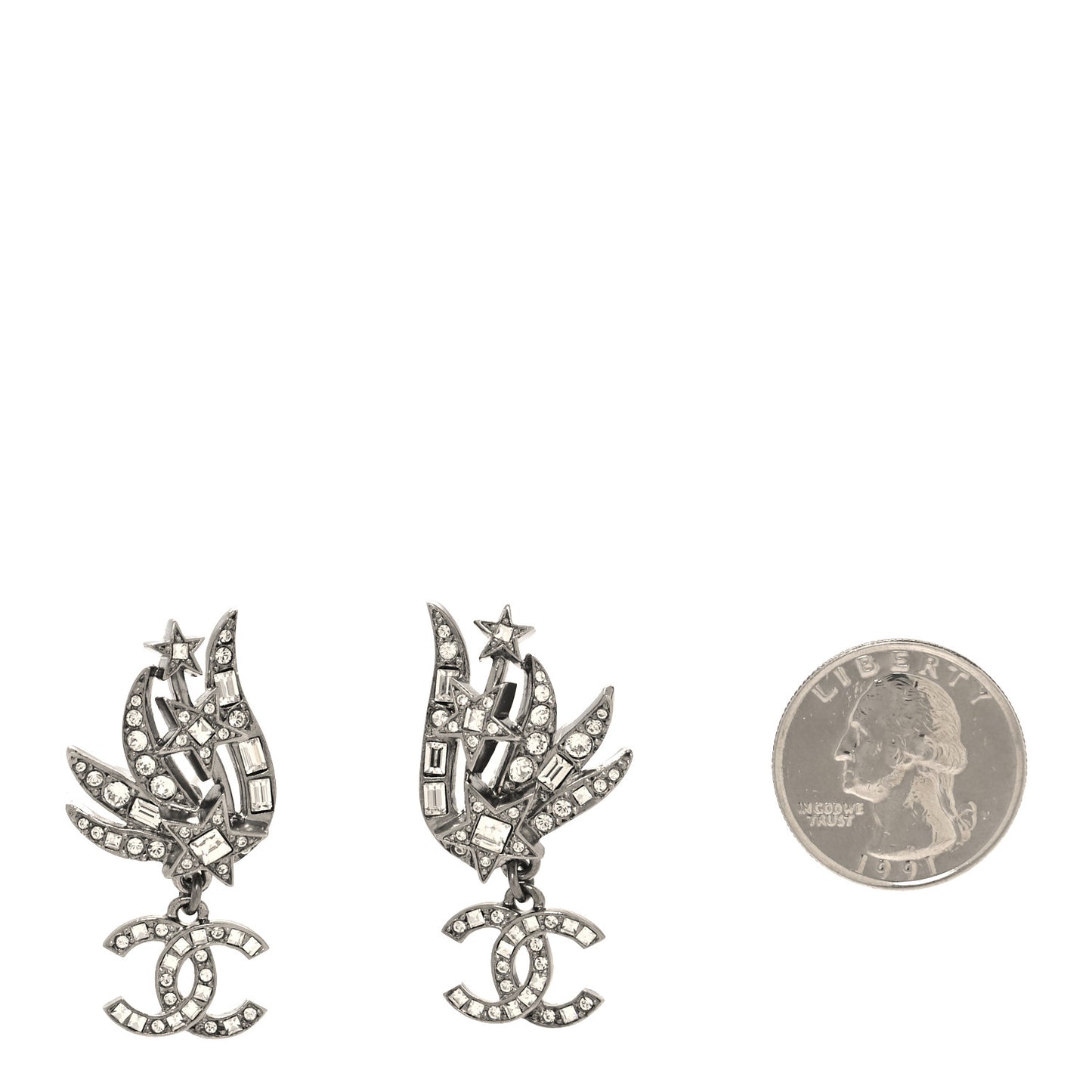 Crystal Baguette CC Wing Star Earrings Silver