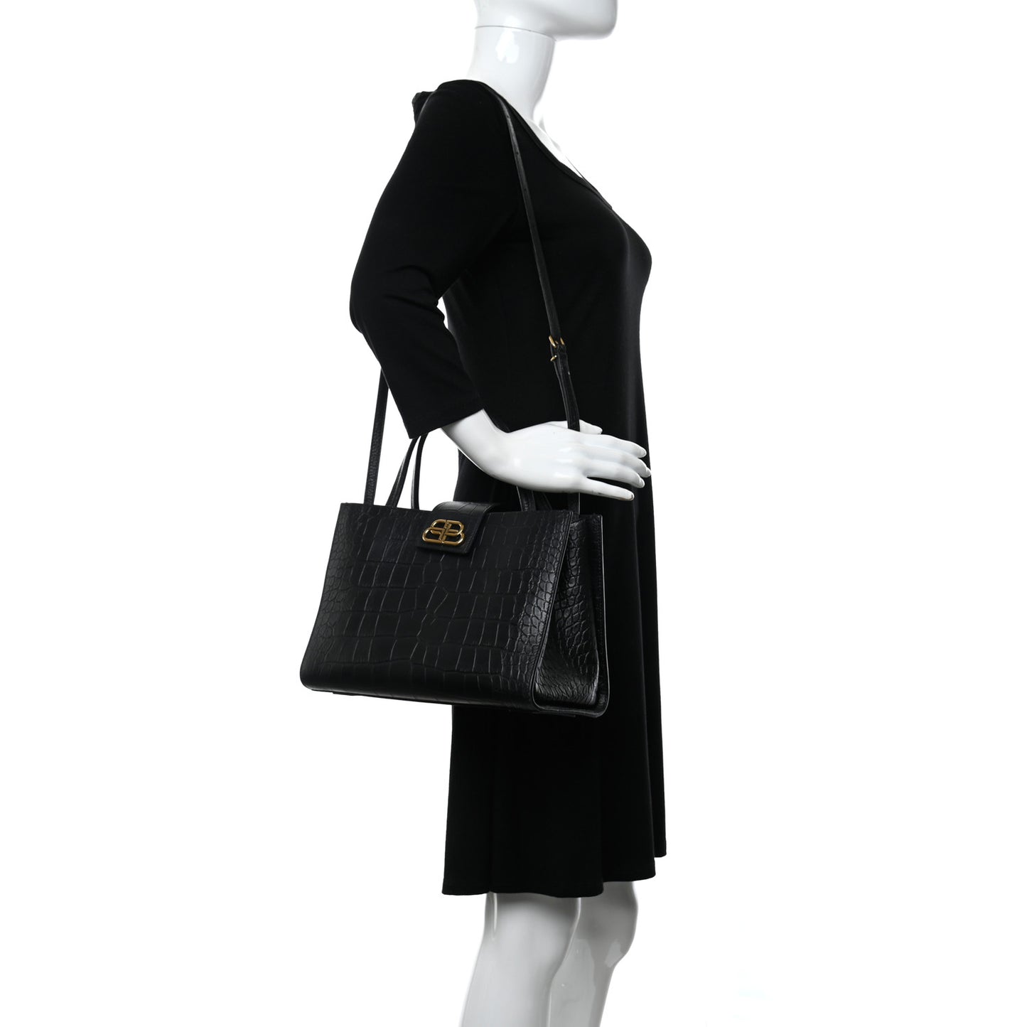 Calfskin Crocodile Embossed Medium Sharp Tote Black