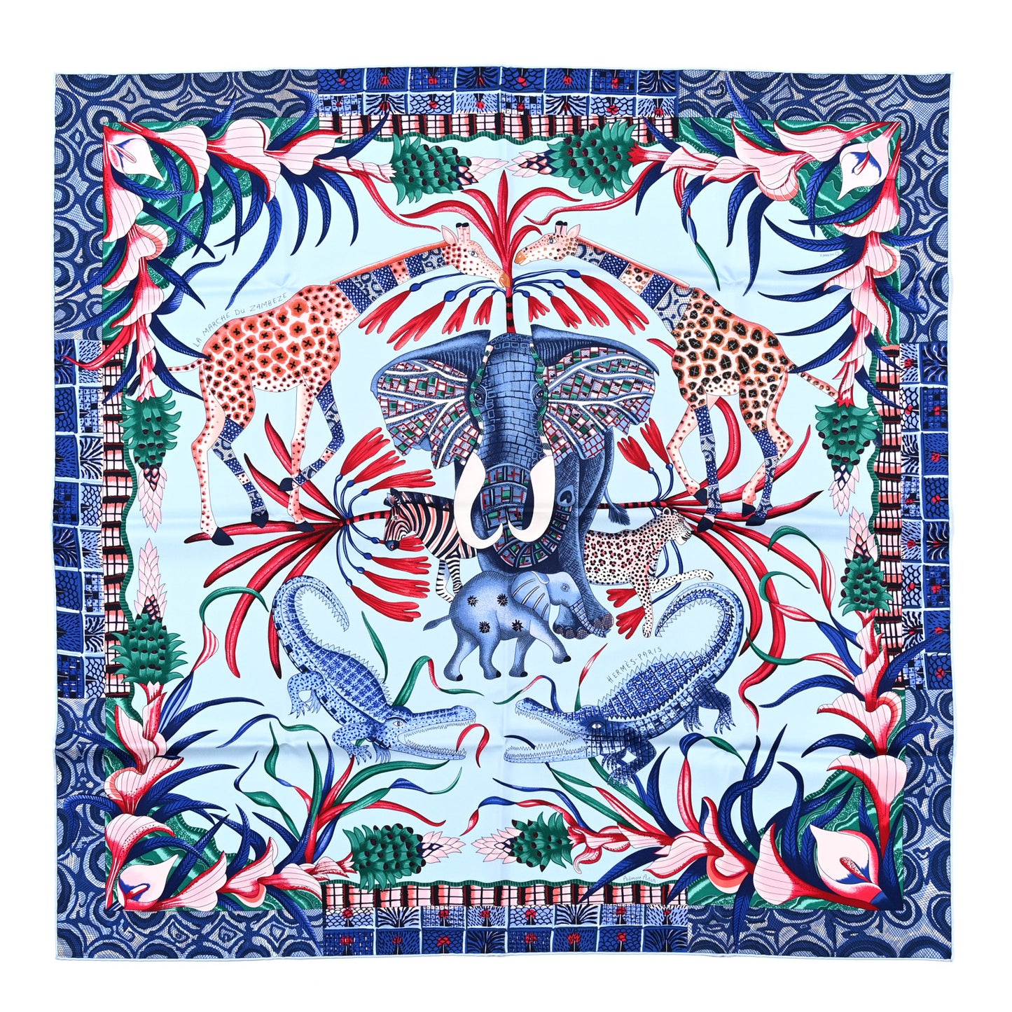 Silk Twill La Marche Du Zambeze Wash Scarf 90 Bleu Ciel Bleu Jean Rose
