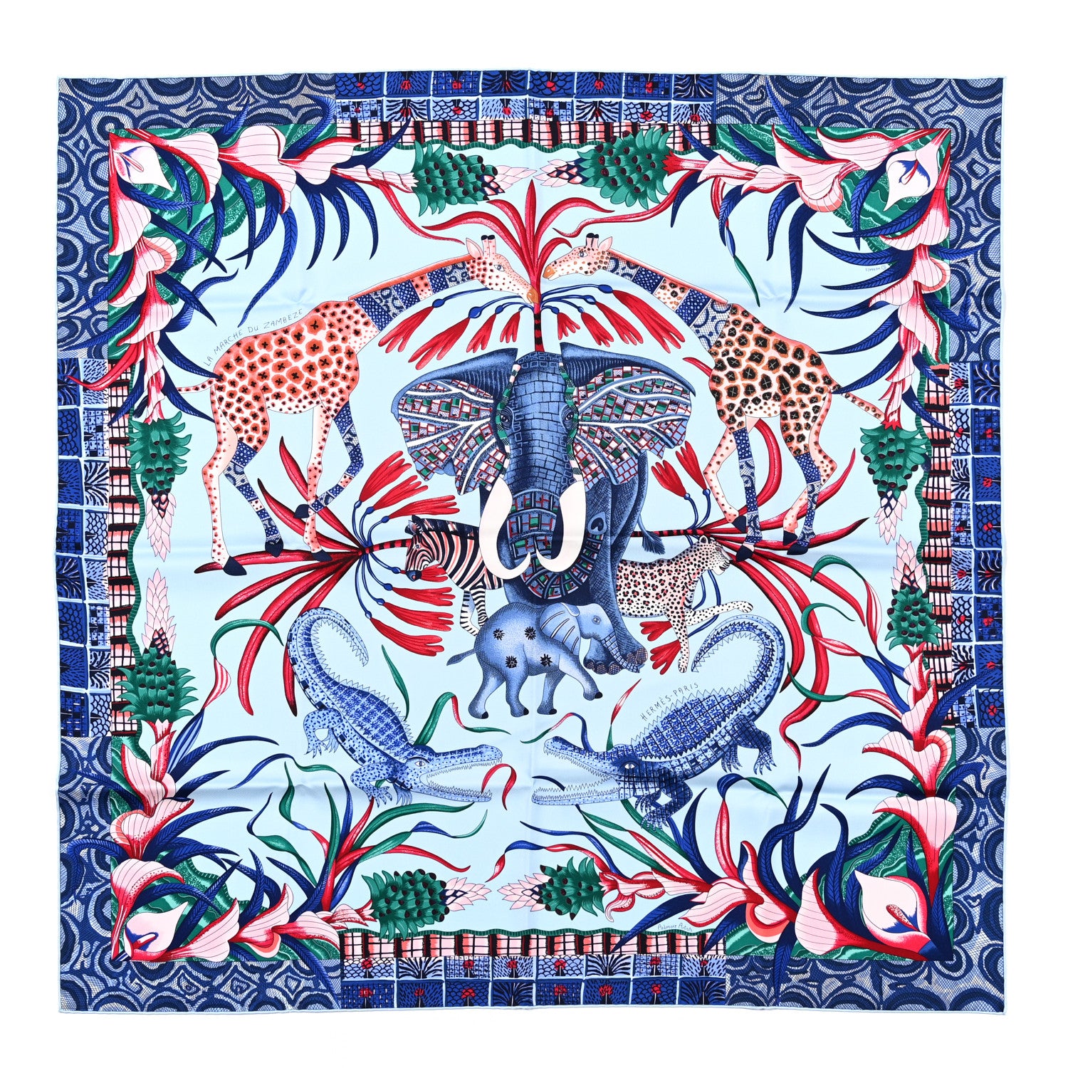 Hermes Silk Twill La Marche Du Zambeze Wash Scarf 90 Bleu Ciel Bleu Jean Rose 1 of 6