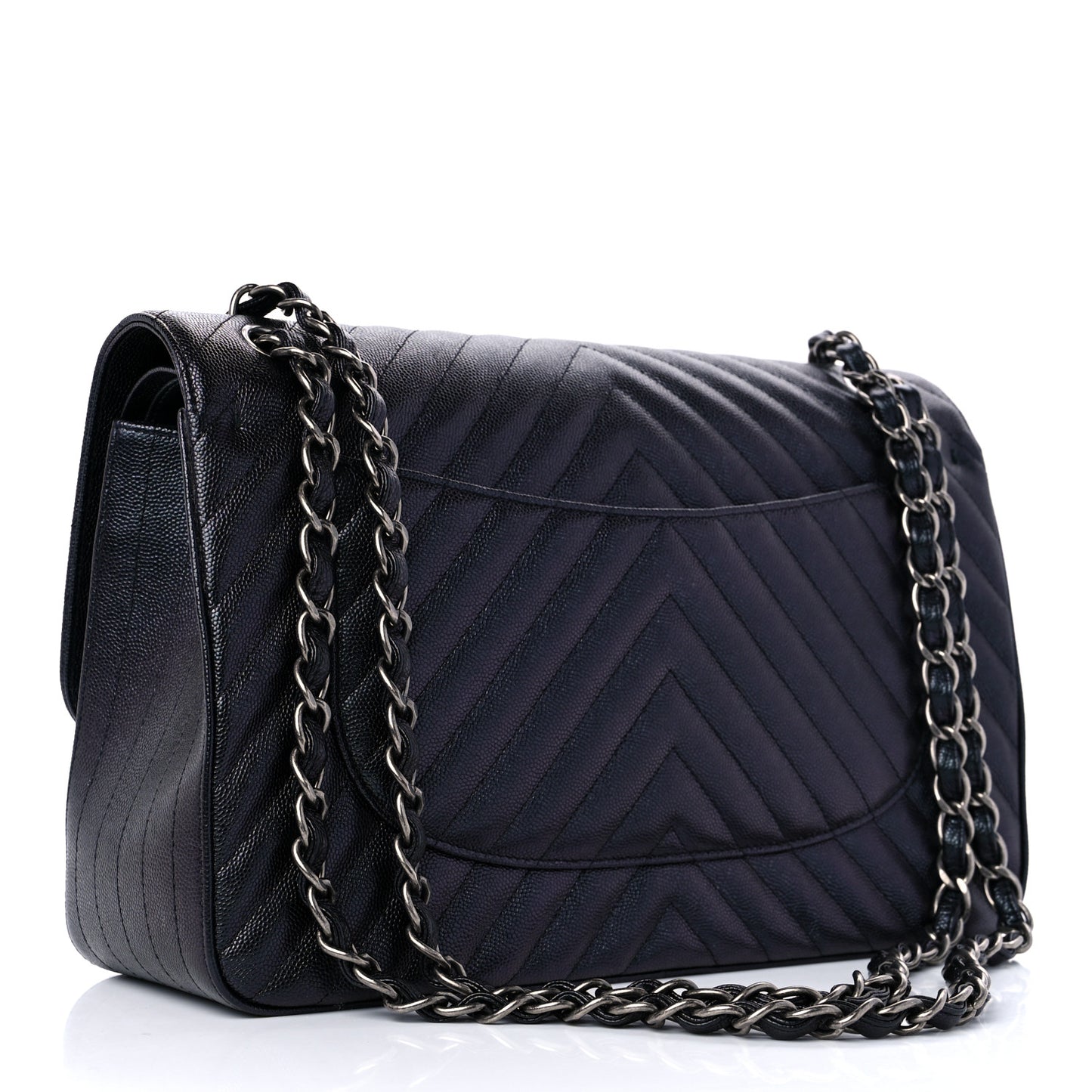 Iridescent Caviar Chevron Quilted Jumbo Double Flap Black