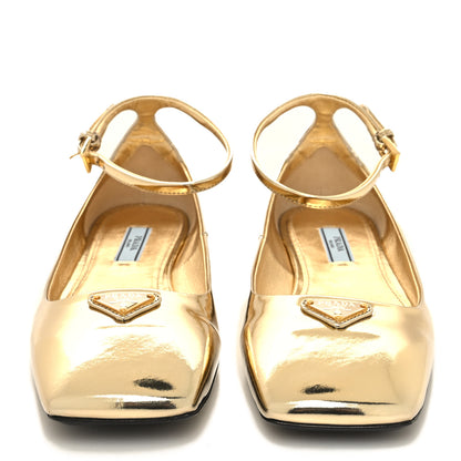 Prada Metallic Calfskin Metal Triangle Logo Ankle Strap Ballerinas 36.5 Platino 2 of 8