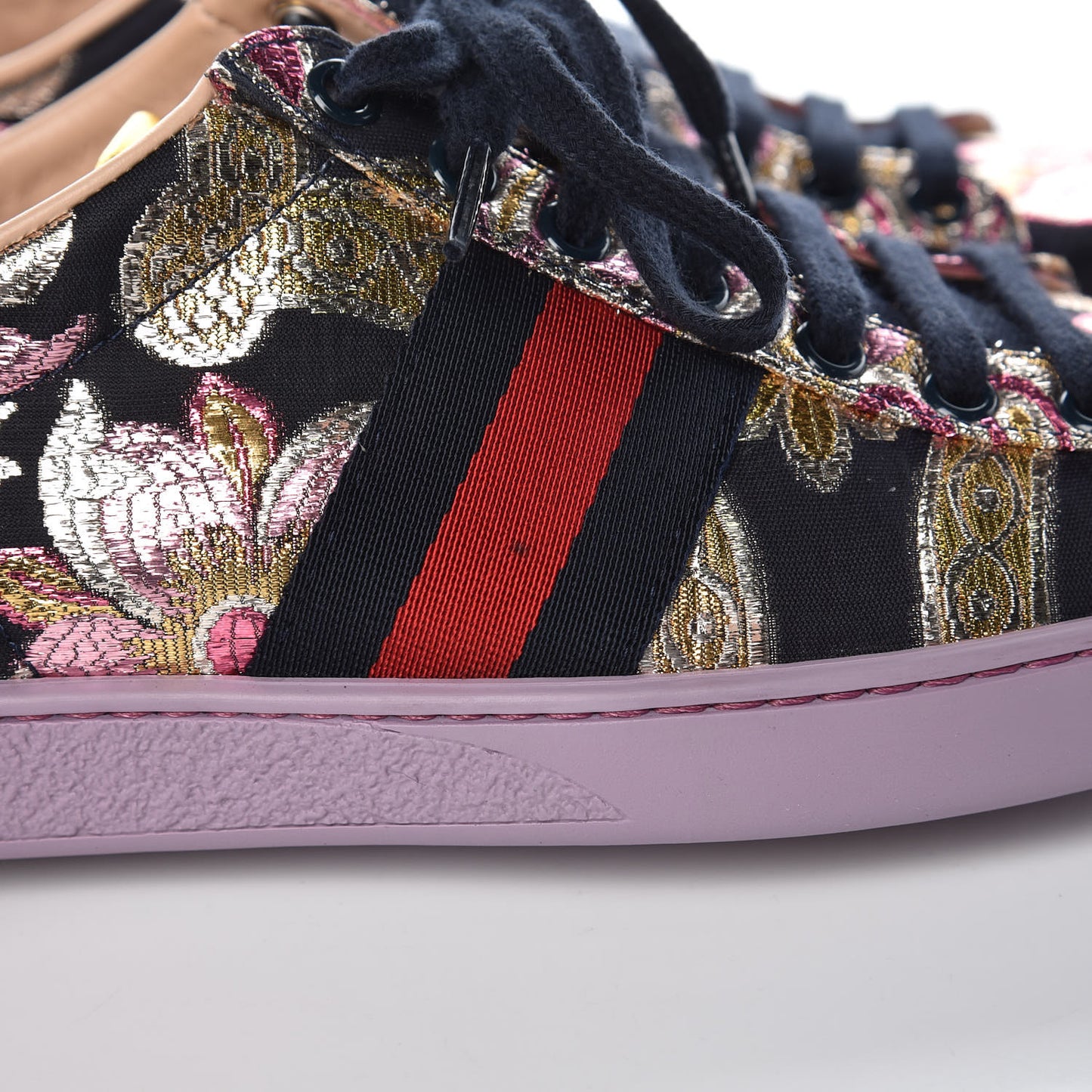 Lurex Brocade Web Nappa Womens Ace Sneakers 38 Black Pink Oro Vecchio
