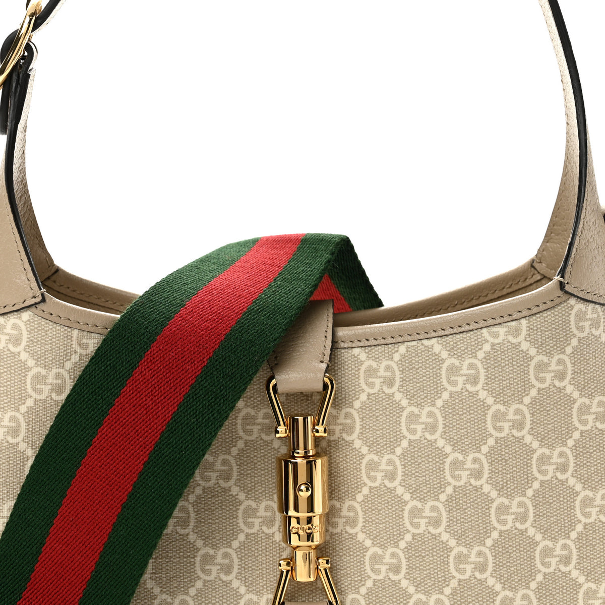 Gucci GG Supreme Monogram Textured Dollar Calfskin Web Small Jackie 1961 Hobo Beige Mystic White Oatmeal 7 of 11