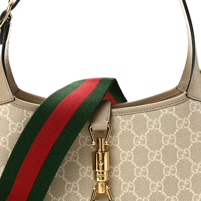 Gucci GG Supreme Monogram Textured Dollar Calfskin Web Small Jackie 1961 Hobo Beige Mystic White Oatmeal 7 of 11