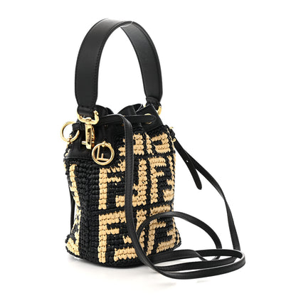 Fendi Raffia Vitello Seta F is Fendi FF Woven Mini Mon Tresor Bucket Bag Black Natural 2 of 9