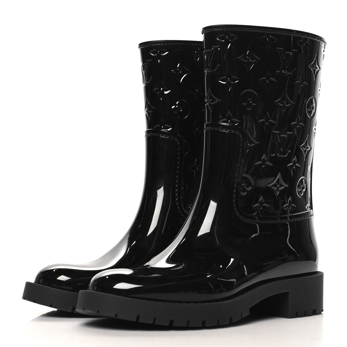 Rubber Embossed Monogram Splash Rain Short Boots 36 Black