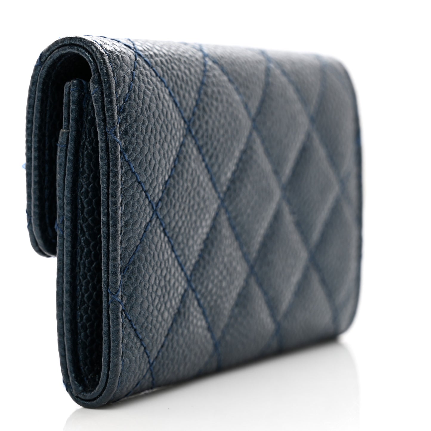 Metallic Caviar Quilted Flap Card Holder Wallet Dark Blue