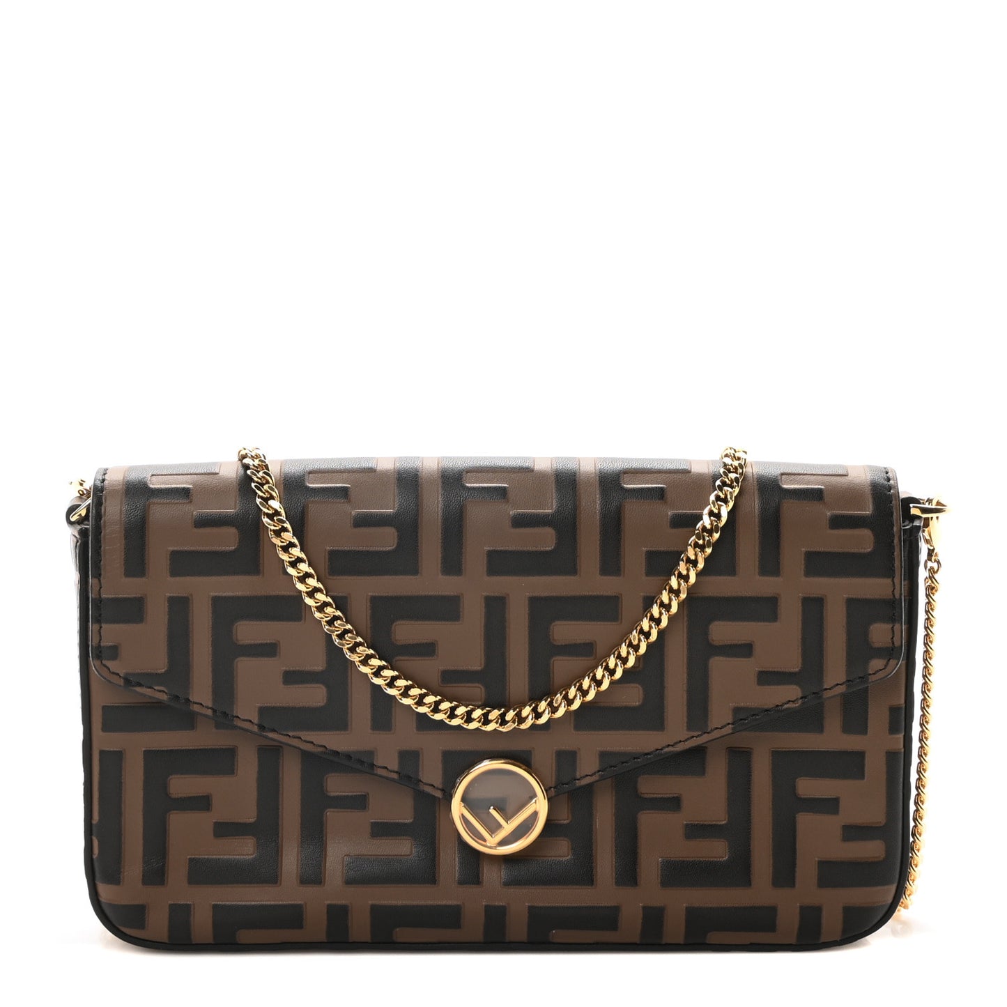 Vitello Soft F is Fendi Bi-Color FF 1974 Embossed Envelope Wallet On Chain with Pouches Maya Black