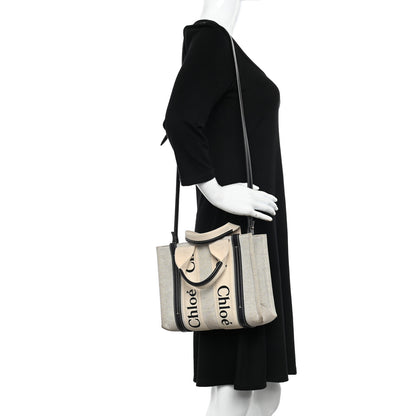 Chloe Cotton Calfskin Small Woody Ribbon Tote With Strap White Navy 2 of 10