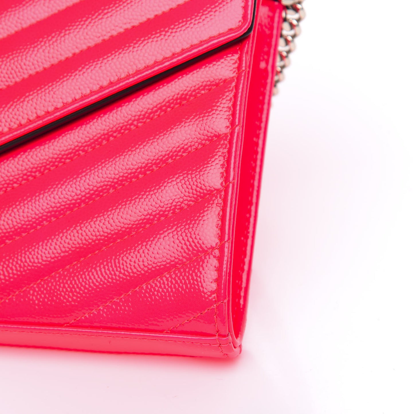 Patent Grain De Poudre Matelasse Chevron Monogram Chain Wallet Neon Pink