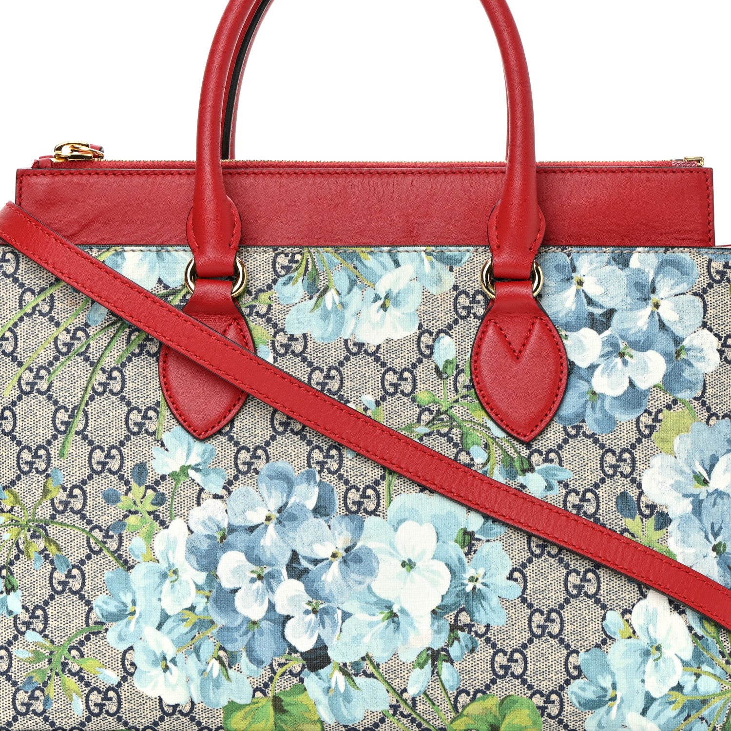 Gucci GG Supreme Monogram Blooms Medium Zip Top Tote Beige Blue Navy Hibiscus Red 8 of 21