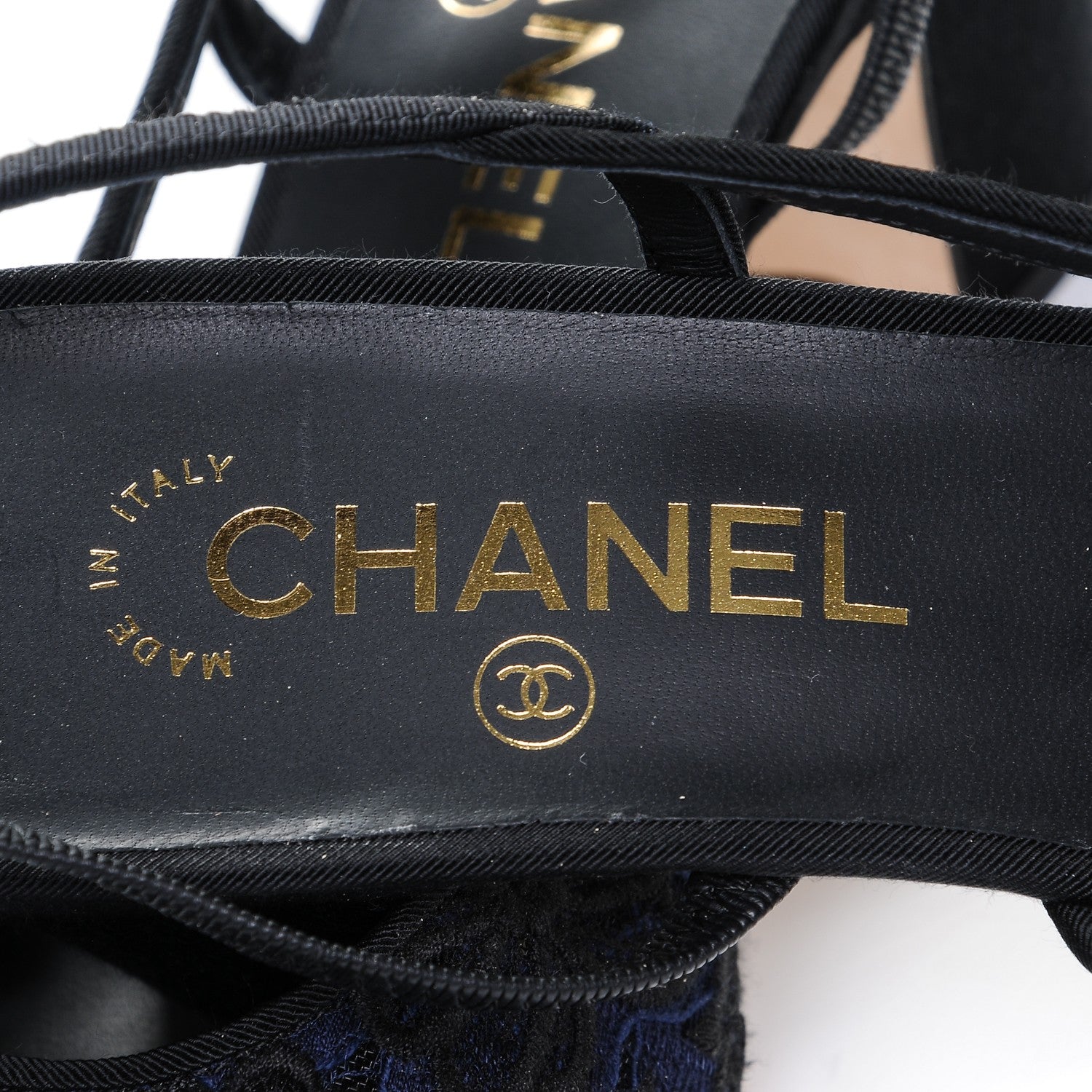 Chanel Lace Grosgrain Cap Toe CC Slingback Pumps 40 Navy Black 7 of 8