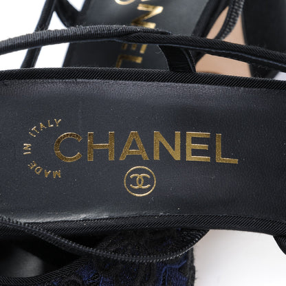 Chanel Lace Grosgrain Cap Toe CC Slingback Pumps 40 Navy Black 7 of 8