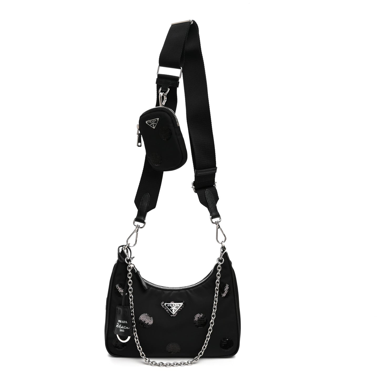 Nylon Sequin Embellished Polka Dot Re-Edition 2005 Shoulder Bag Black