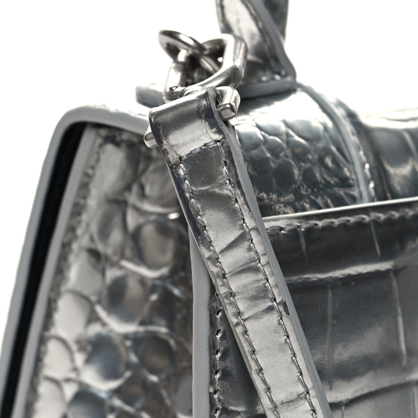 Metallic Calfskin Crocodile Embossed Crystal Hourglass Top Handle Bag XS Silver