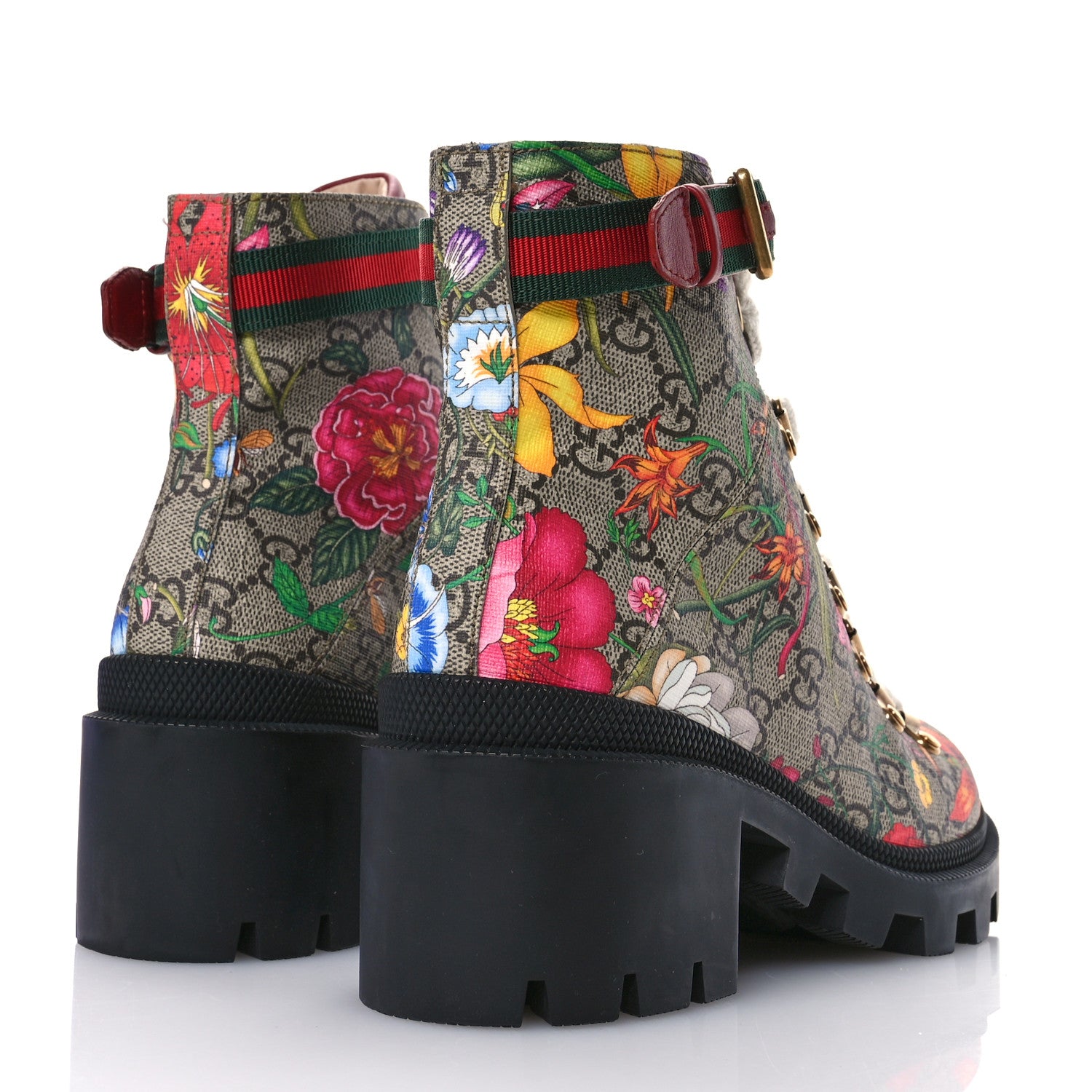 Gucci GG Supreme Monogram Flora Lace Up Combat Ankle Boots 35.5 Beige Multicolor Red 5 of 10