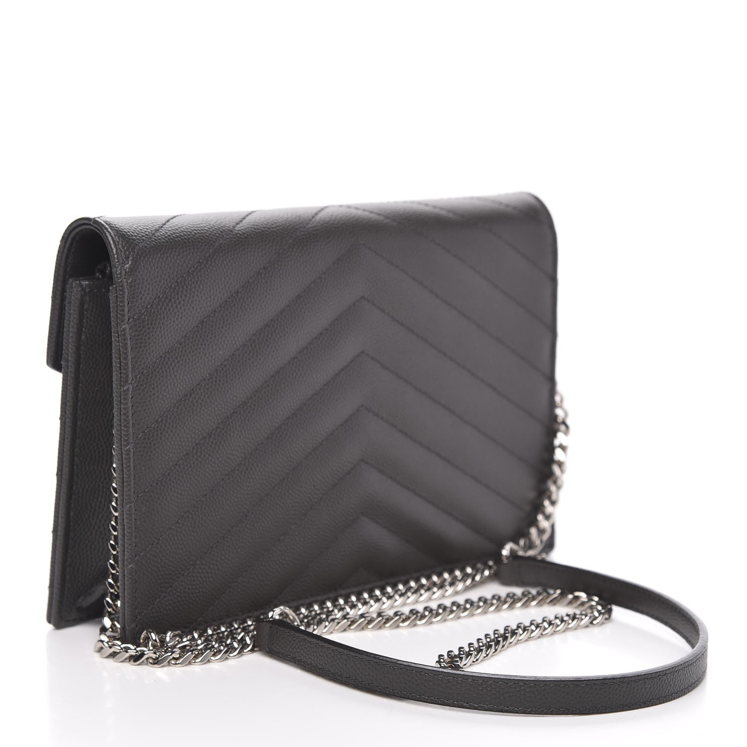 Saint Laurent Grain De Poudre Matelasse Chevron Monogram Envelope Chain Wallet Dark Smog 3 of 10