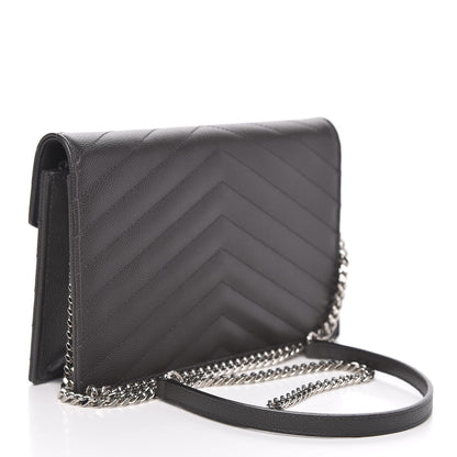 Saint Laurent Grain De Poudre Matelasse Chevron Monogram Envelope Chain Wallet Dark Smog 3 of 10