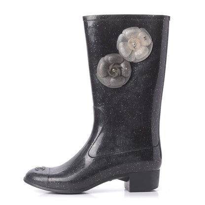 Chanel Rubber Glitter Camellia Rain Boots 40 Black 1 of 10